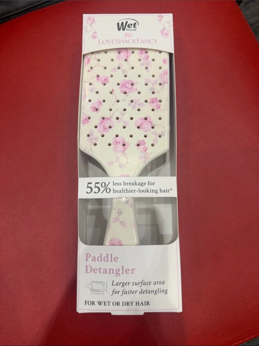 LoveShackFancy Cream Paddle Detangler with Pink Floral Print